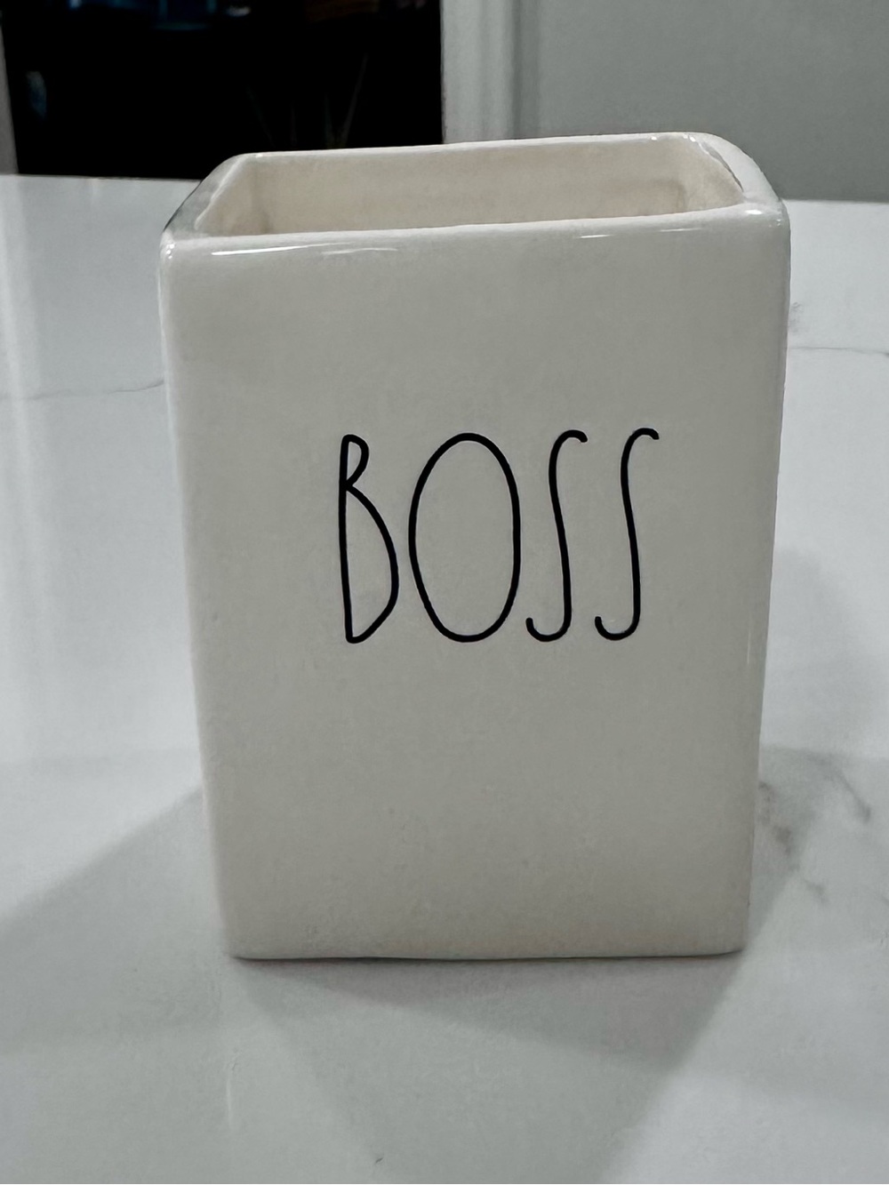 Rea Dunn BOSS Ceramic Pen Cup - White with Black Lettering